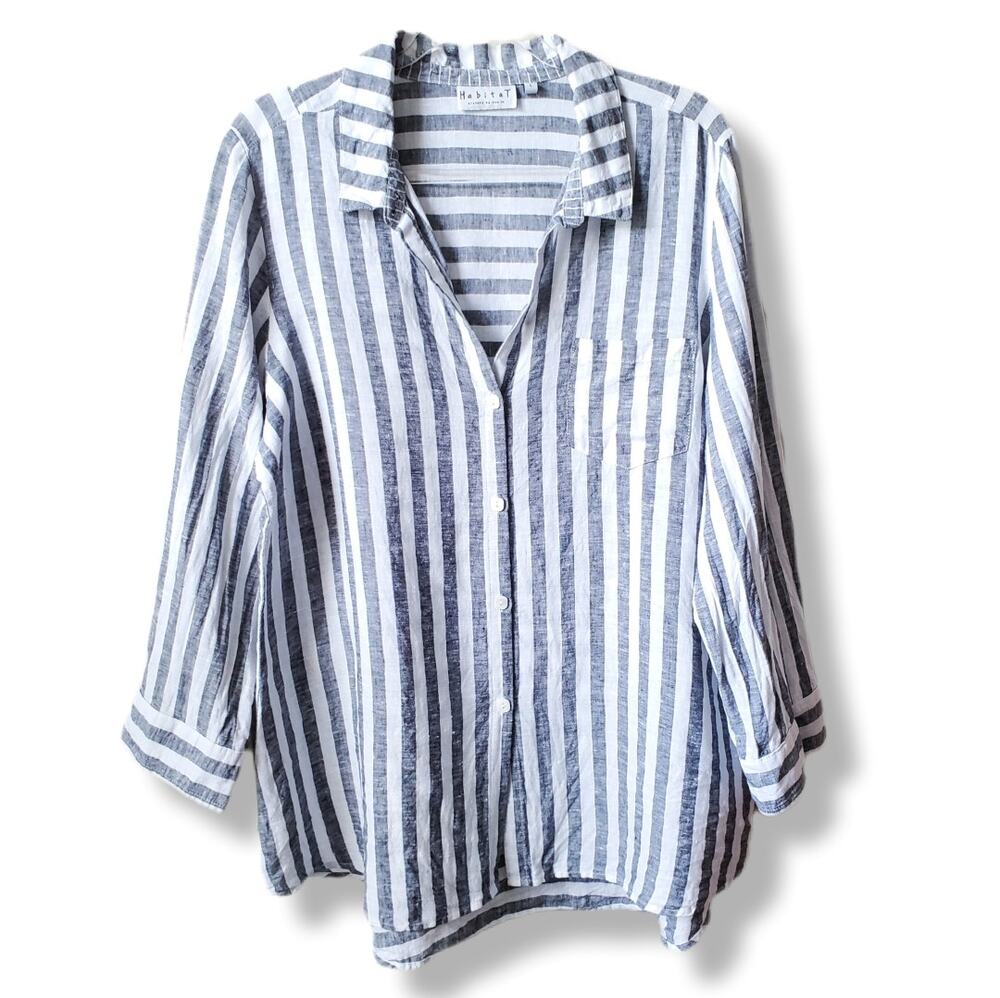 Habitat Women Stripe Linen Shirt Blouse L Neutral Classic Coastal Wearable Art